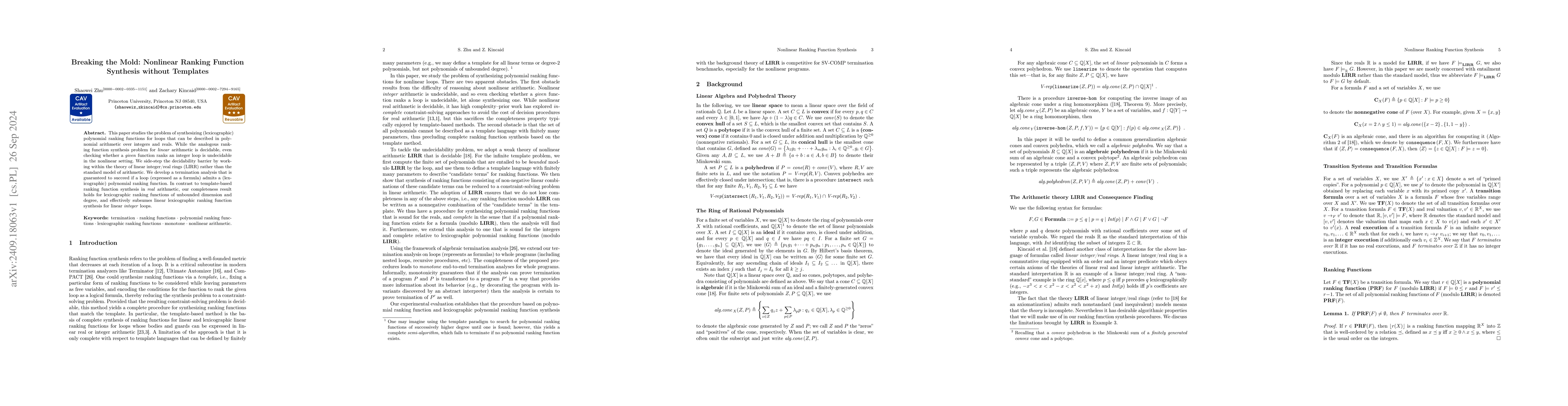 Thumbnail for Breaking the Mold: Nonlinear Ranking Function Synthesis Without
  Templates