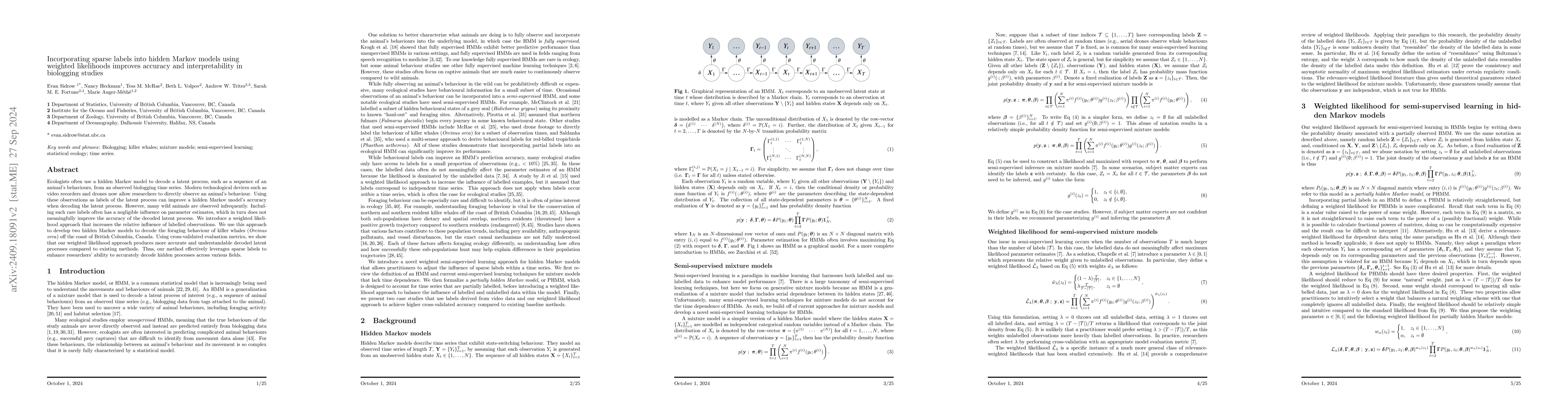 Thumbnail for Incorporating sparse labels into hidden Markov models using weighted
  likelihoods improves accuracy and interpretability in biologging studies