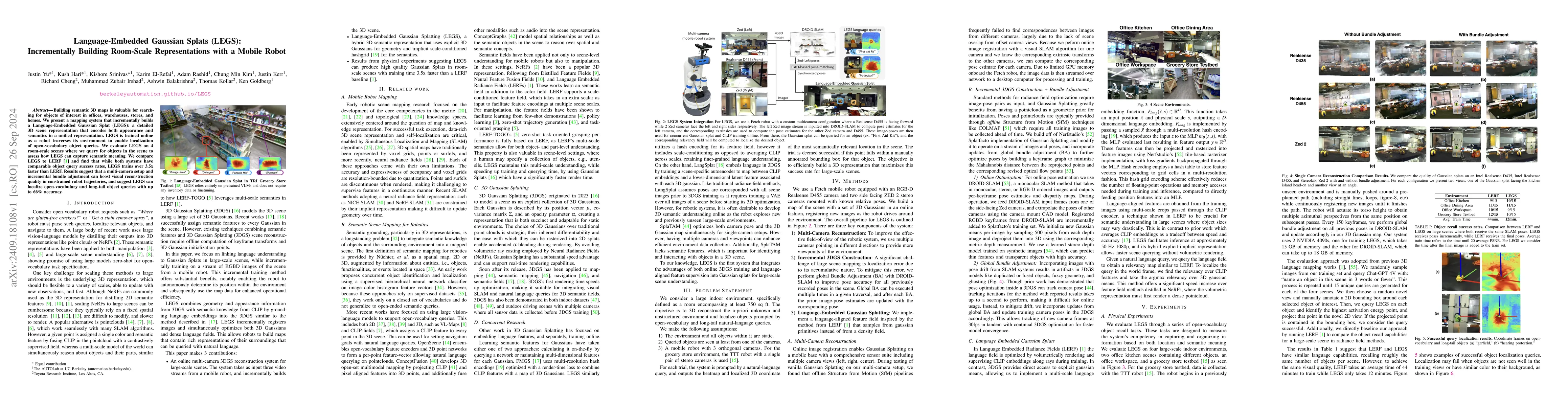 Thumbnail for Language-Embedded Gaussian Splats (LEGS): Incrementally Building
  Room-Scale Representations with a Mobile Robot