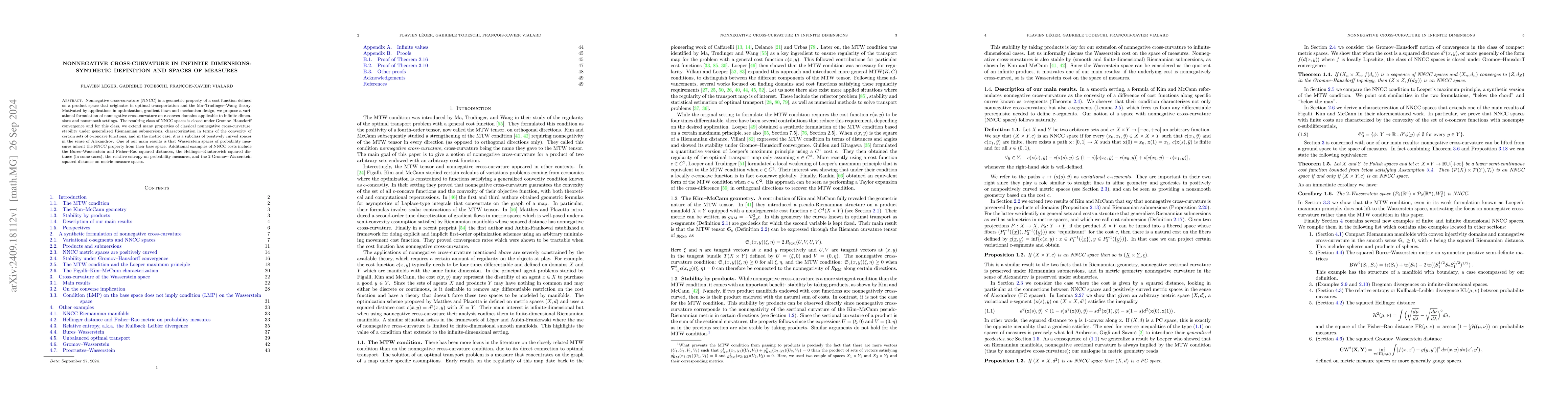 Thumbnail for Nonnegative cross-curvature in infinite dimensions: synthetic definition
  and spaces of measures