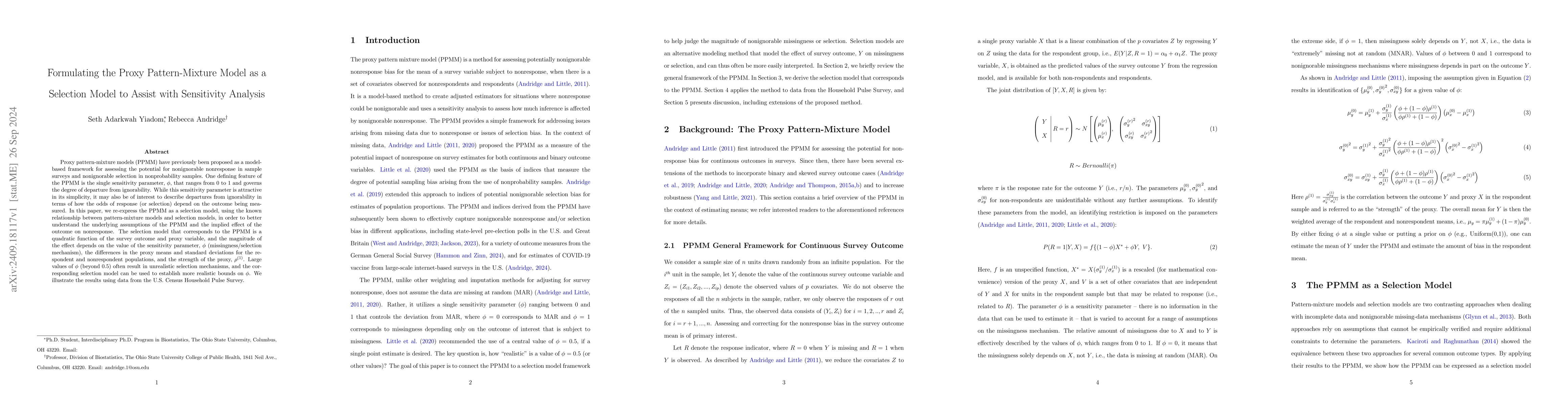 Thumbnail for Formulating the Proxy Pattern-Mixture Model as a Selection Model to
  Assist with Sensitivity Analysis