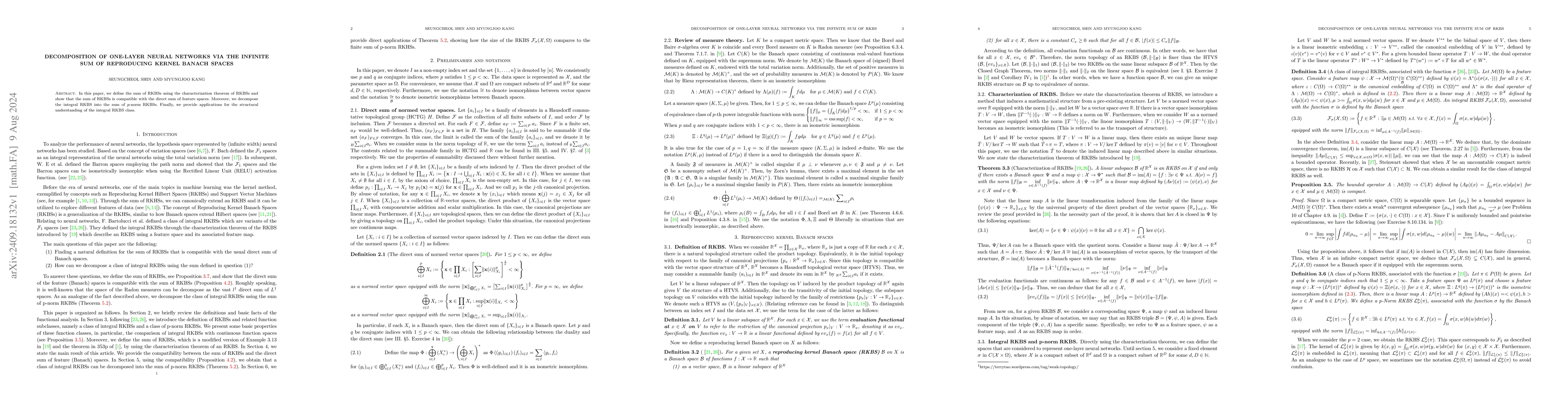 Thumbnail for Decomposition of one-layer neural networks via the infinite sum of
  reproducing kernel Banach spaces