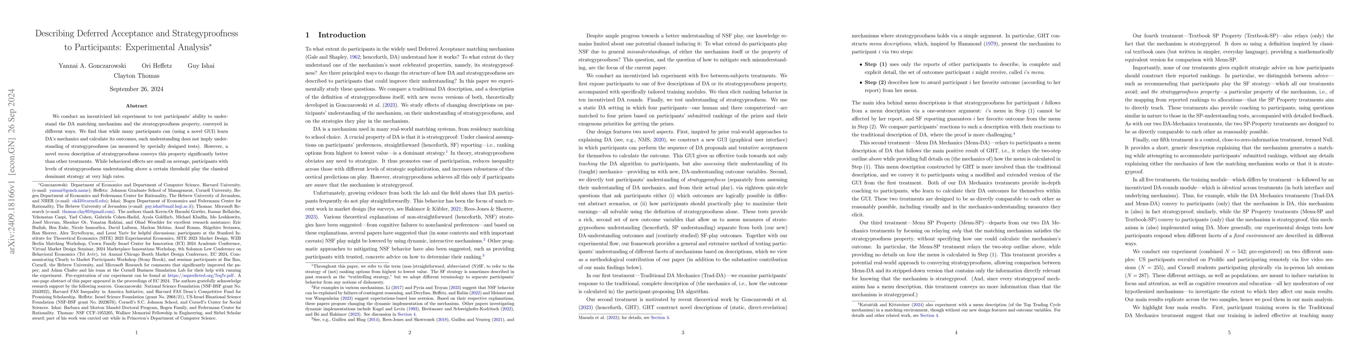 Thumbnail for Describing Deferred Acceptance and Strategyproofness to Participants:
  Experimental Analysis