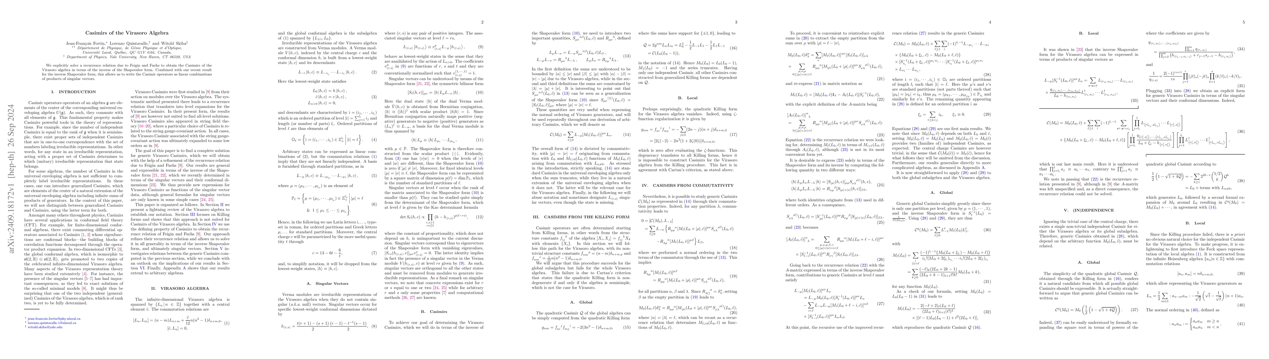 Thumbnail for Casimirs of the Virasoro Algebra