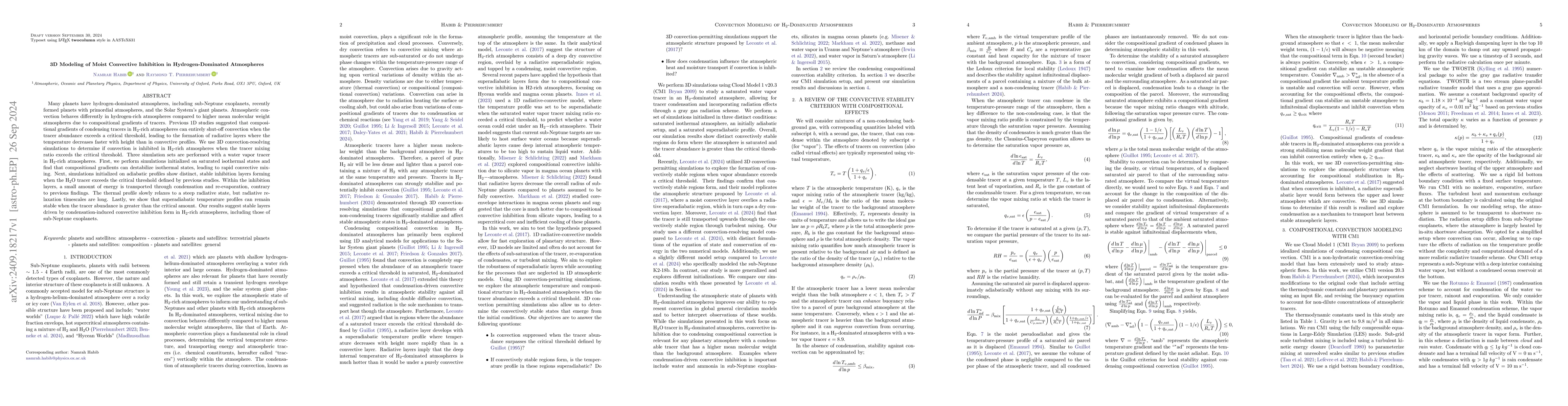 Thumbnail for 3D Modeling of Moist Convective Inhibition in Hydrogen-Dominated
  Atmospheres