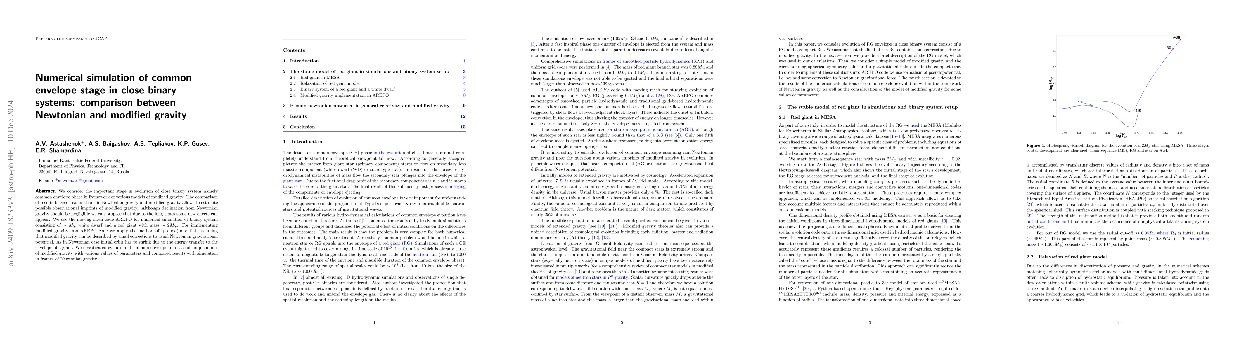 Thumbnail for Numerical simulation of common envelope stage in close binary systems:
  comparison between Newtonian and modified gravity
