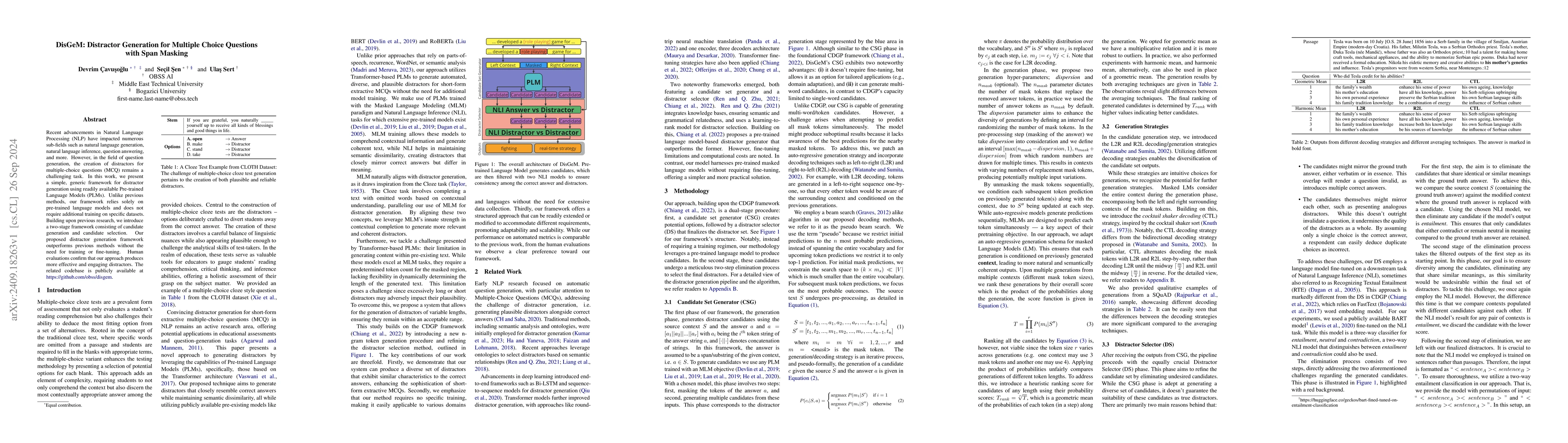 Thumbnail for DisGeM: Distractor Generation for Multiple Choice Questions with Span
  Masking
