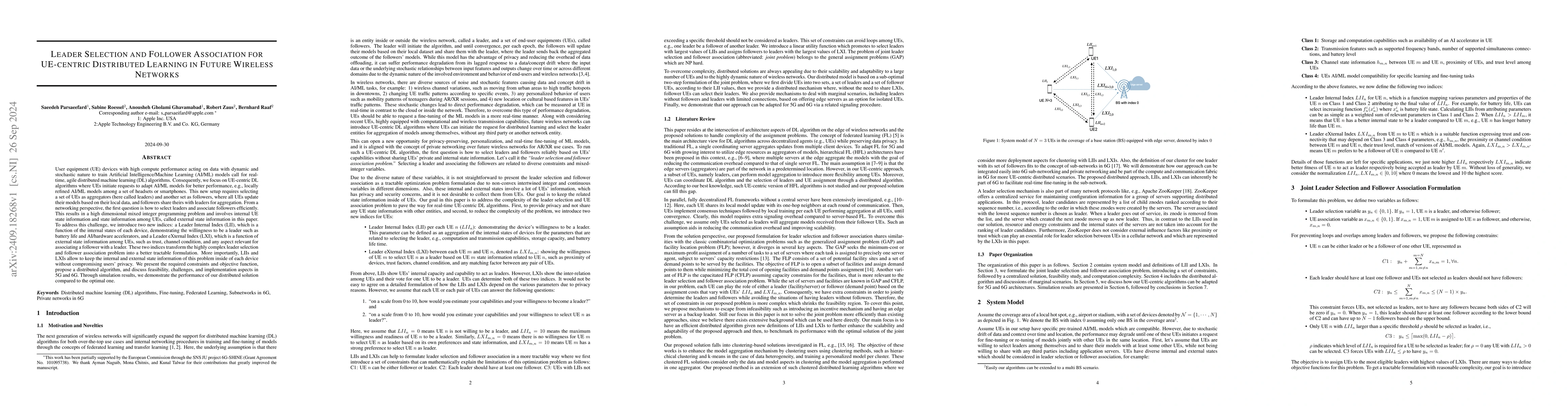 Thumbnail for Leader Selection and Follower Association for UE-centric Distributed
  Learning in Future Wireless Networks