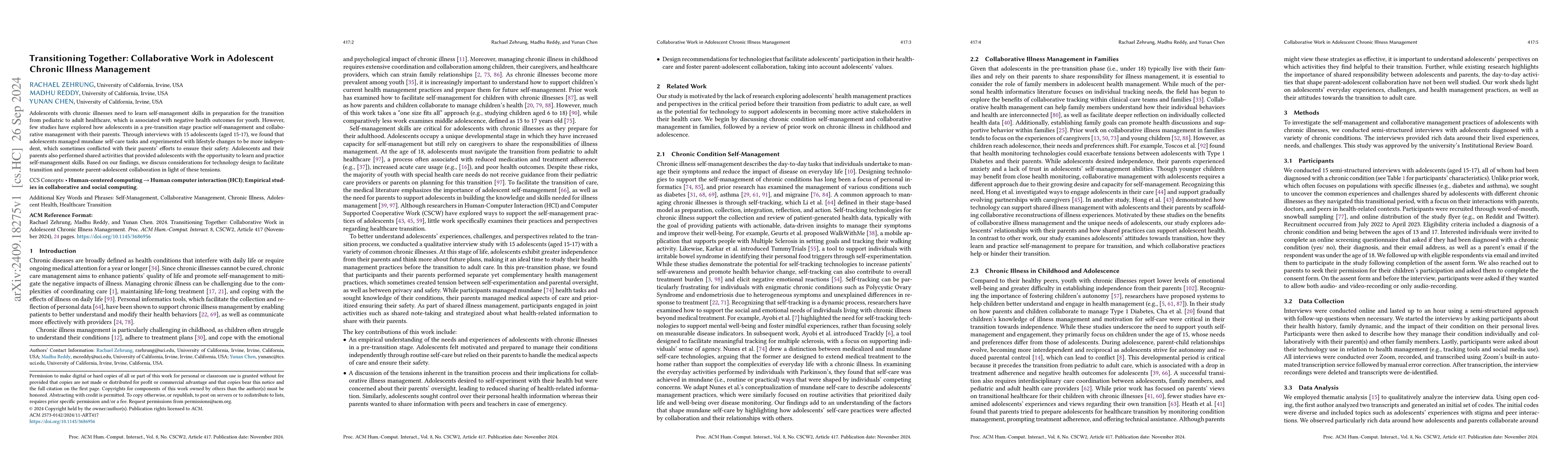 Thumbnail for Transitioning Together: Collaborative Work in Adolescent Chronic Illness
  Management