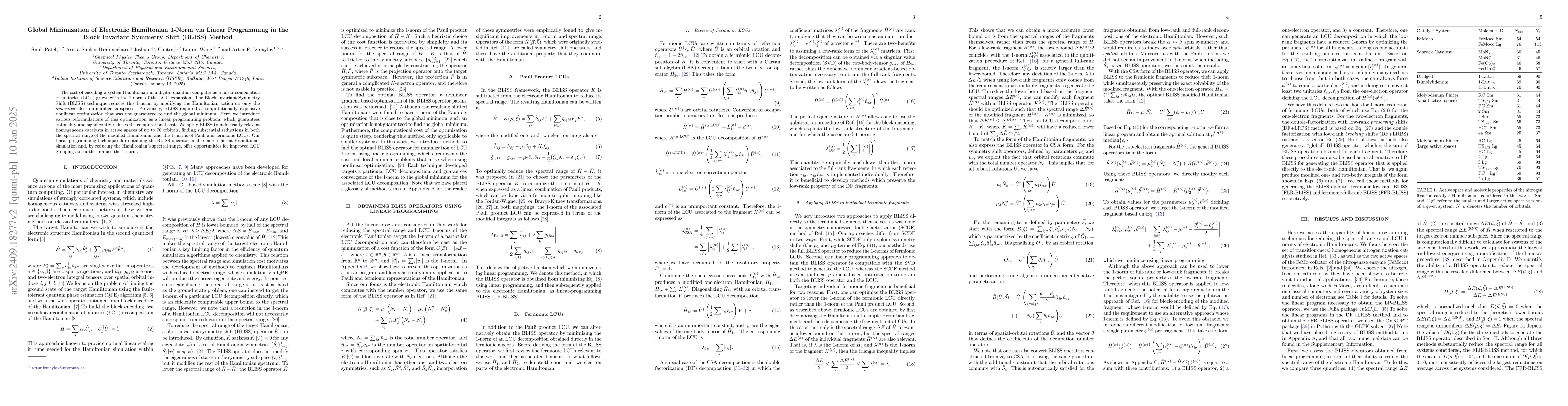 Thumbnail for Global Minimization of Electronic Hamiltonian 1-Norm via Linear
  Programming in the Block Invariant Symmetry Shift (BLISS) Method