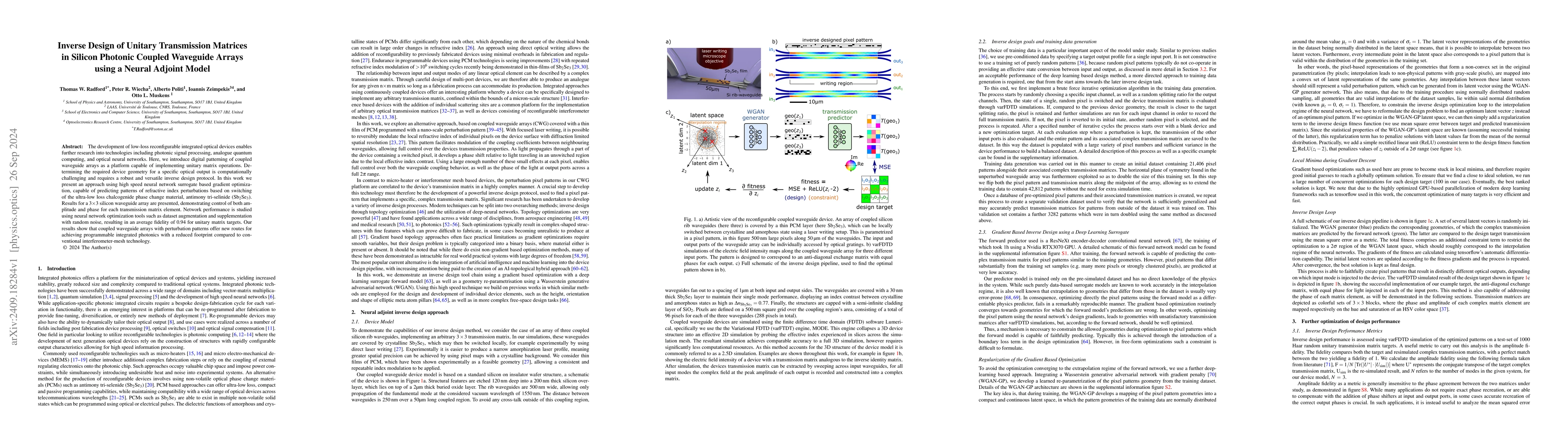 Thumbnail for Inverse Design of Unitary Transmission Matrices in Silicon Photonic
  Coupled Waveguide Arrays using a Neural Adjoint Model