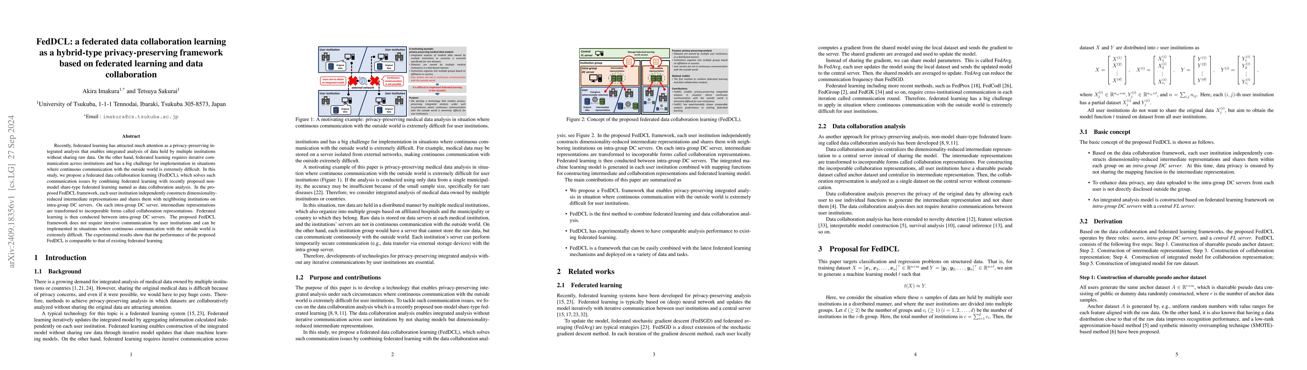 Thumbnail for FedDCL: a federated data collaboration learning as a hybrid-type
  privacy-preserving framework based on federated learning and data
  collaboration