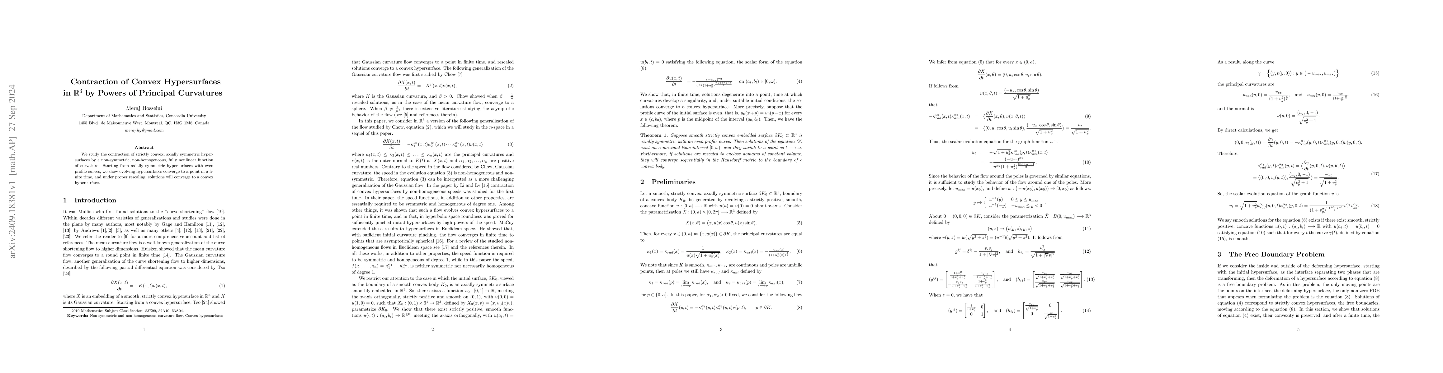 Thumbnail for Contraction of Convex Hypersurfaces in $\mathbb R^3$ by Powers of
  Principal Curvatures