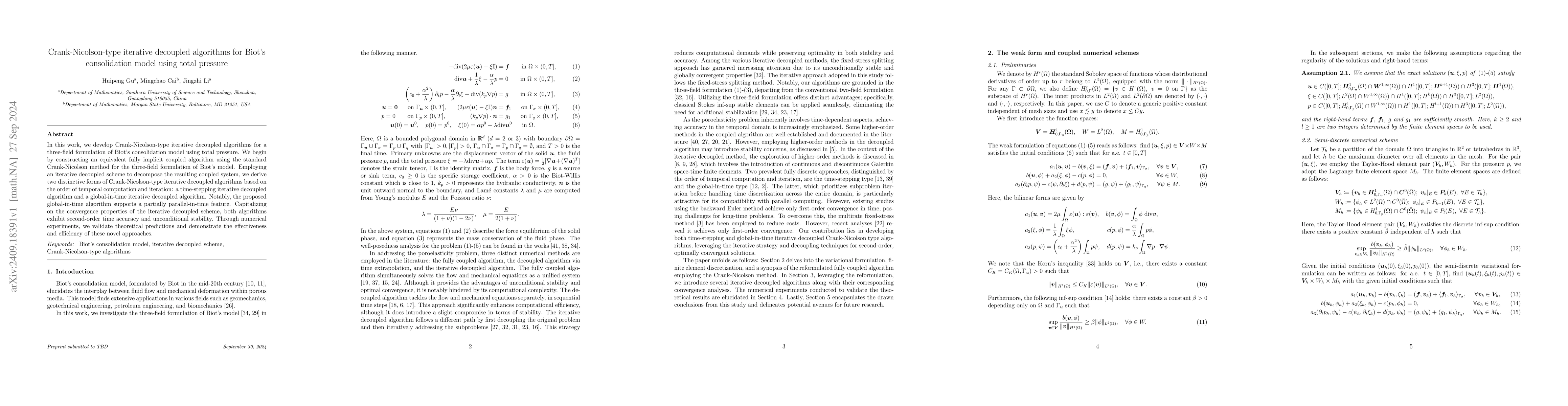 Thumbnail for Crank-Nicolson-type iterative decoupled algorithms for Biot's
  consolidation model using total pressure