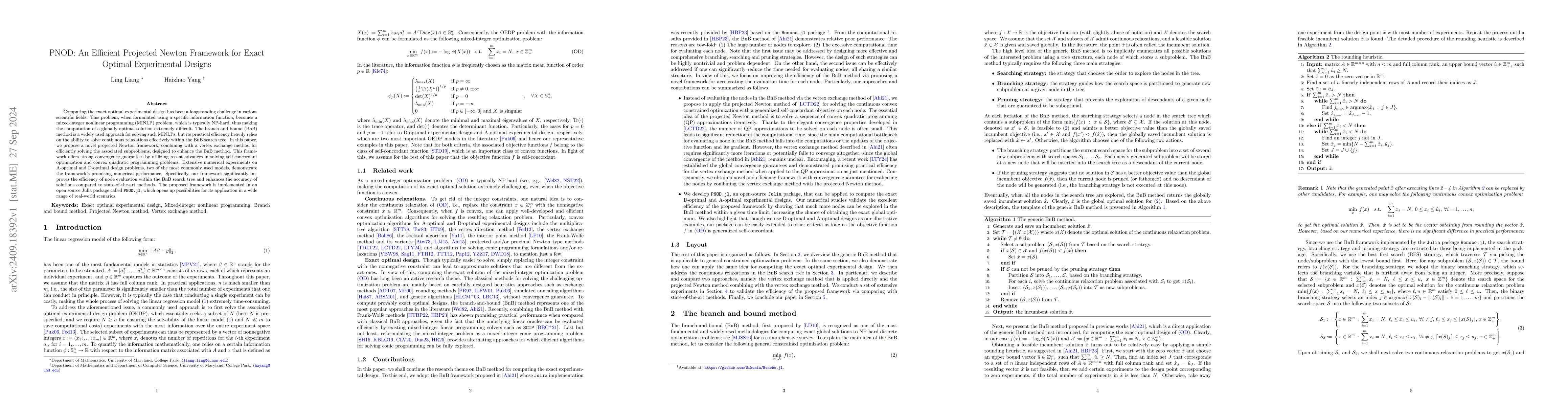 Thumbnail for PNOD: An Efficient Projected Newton Framework for Exact Optimal
  Experimental Designs