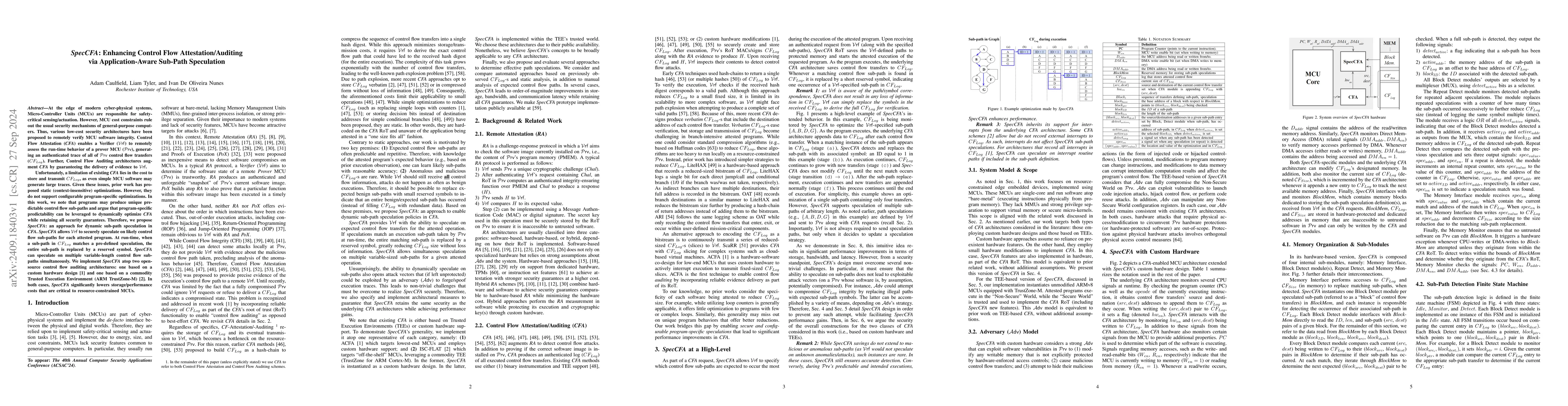 Thumbnail for SpecCFA: Enhancing Control Flow Attestation/Auditing via
  Application-Aware Sub-Path Speculation