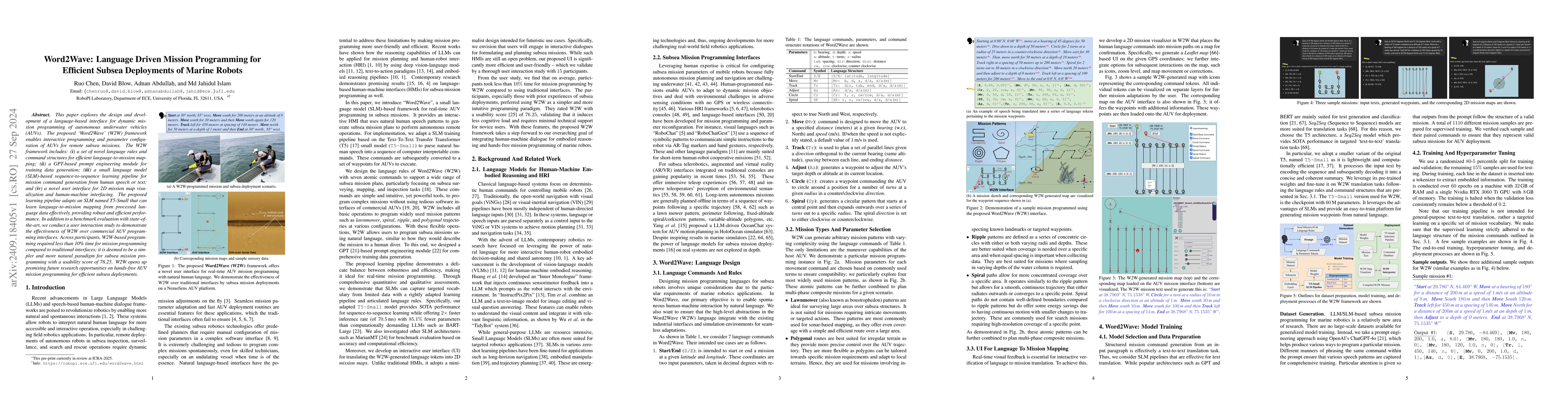 Thumbnail for Word2Wave: Language Driven Mission Programming for Efficient Subsea
  Deployments of Marine Robots