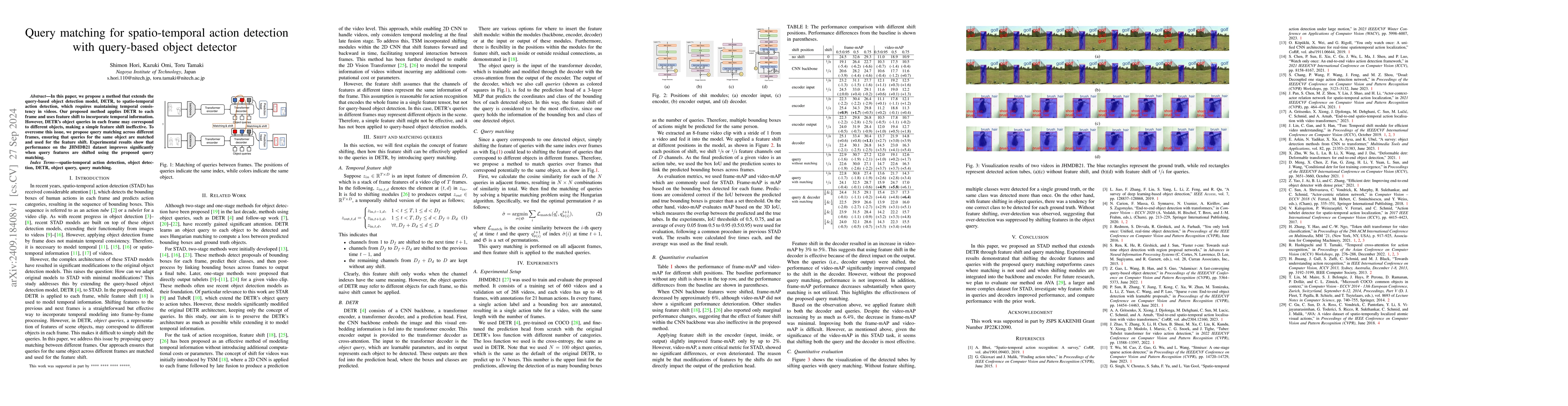 Thumbnail for Query matching for spatio-temporal action detection with query-based
  object detector