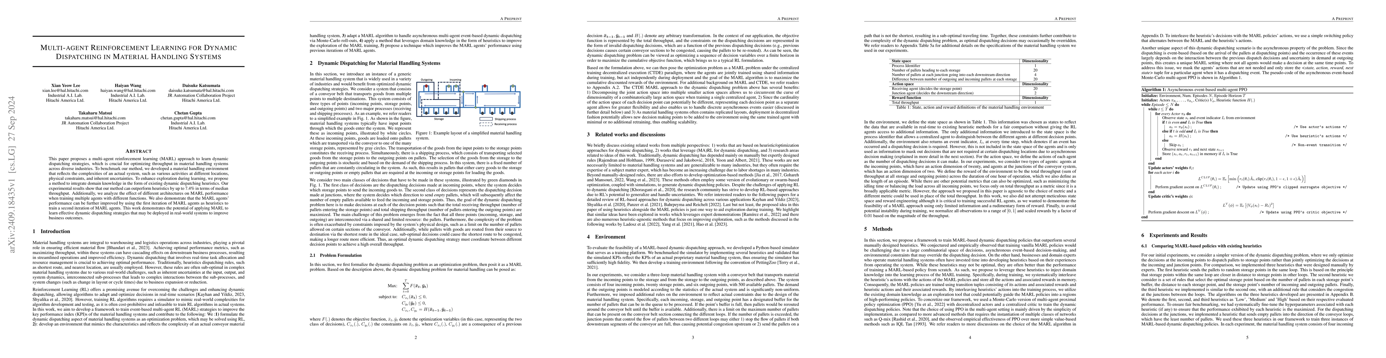 Thumbnail for Multi-agent Reinforcement Learning for Dynamic Dispatching in Material
  Handling Systems