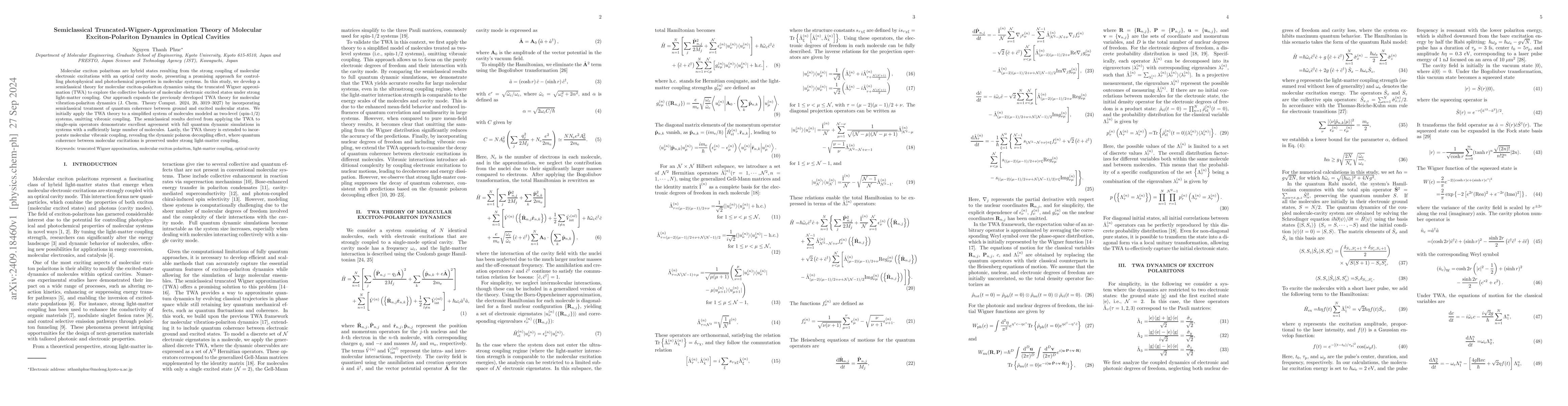Thumbnail for Semiclassical Truncated-Wigner-Approximation Theory of Molecular
  Exciton-Polariton Dynamics in Optical Cavities