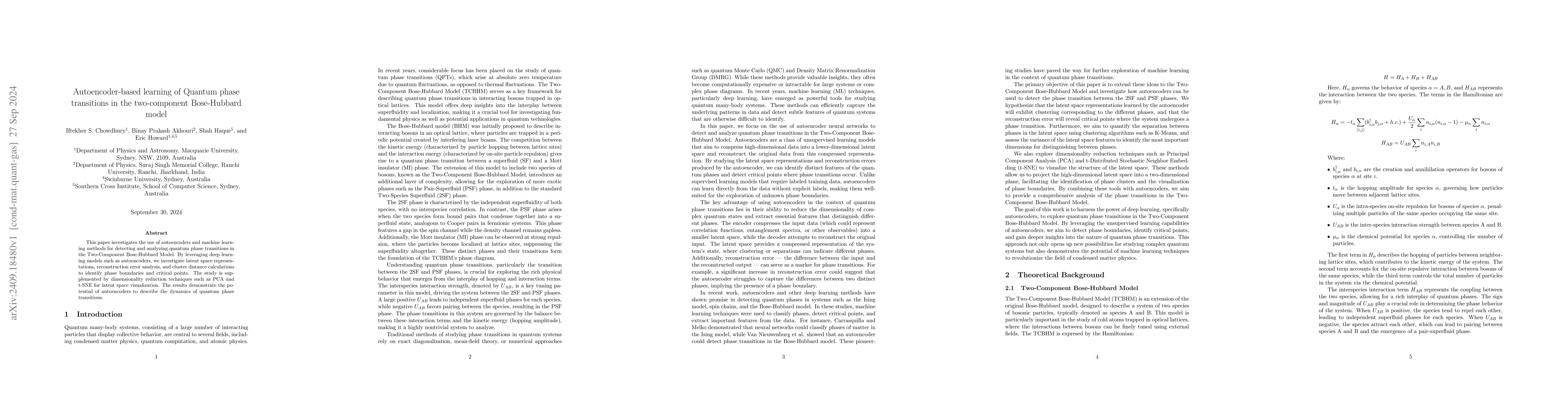 Thumbnail for Autoencoder-based learning of Quantum phase transitions in the
  two-component Bose-Hubbard model