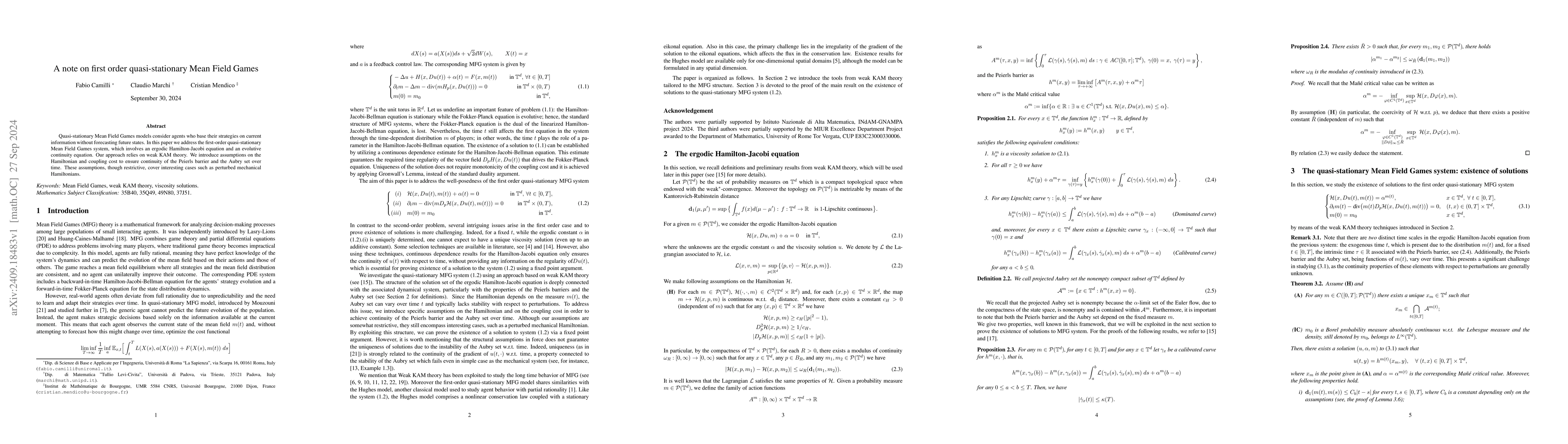 Thumbnail for A note on first order quasi-stationary Mean Field Games