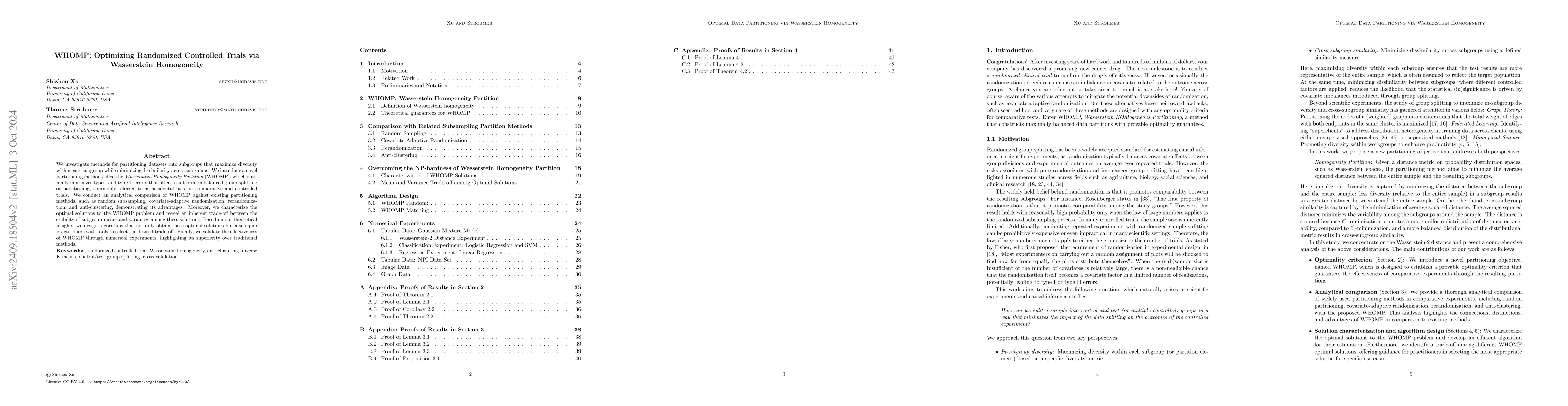 Thumbnail for WHOMP: Optimizing Randomized Controlled Trials via Wasserstein
  Homogeneity