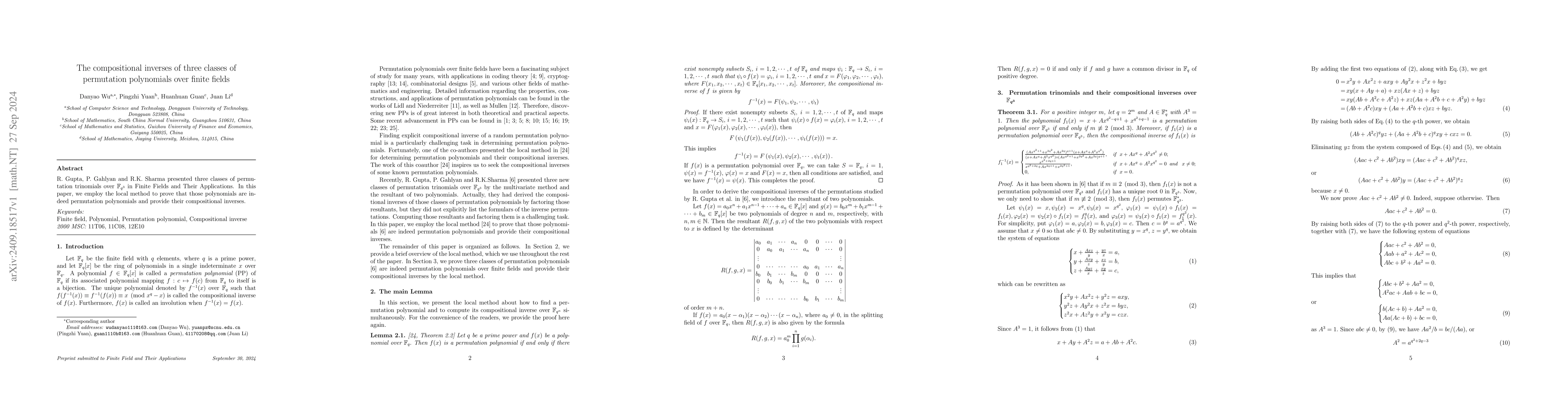 Thumbnail for The compositional inverses of three classes of permutation polynomials
  over finite fields