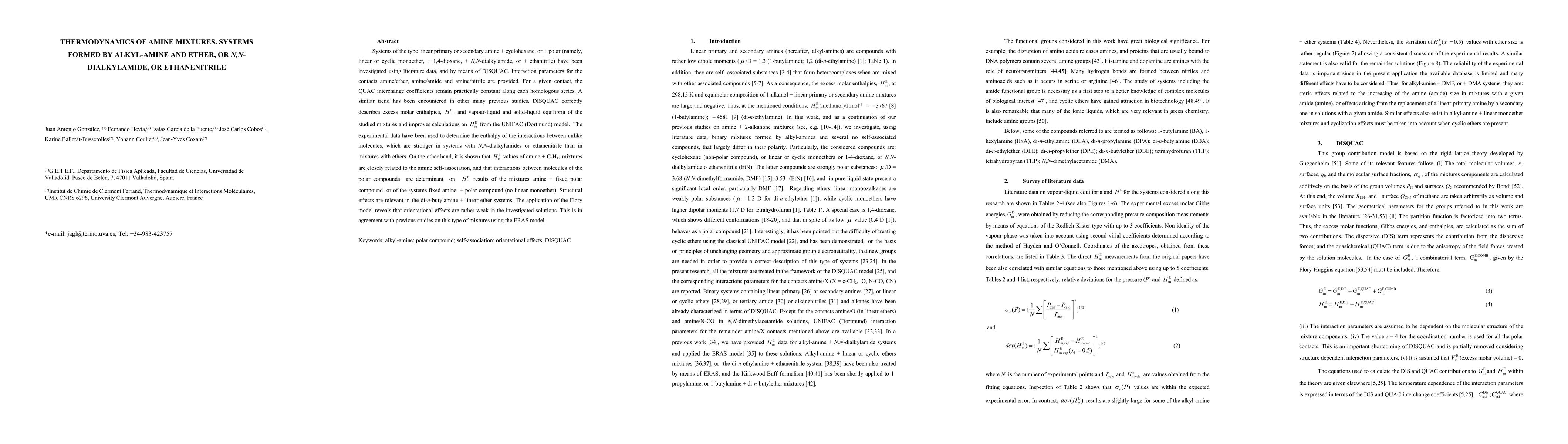 Thumbnail for Thermodynamics of amine mixtures. Systems formed by alkyl-amine and
  ether, or N,N-dialkylamide, or ethanenitrile