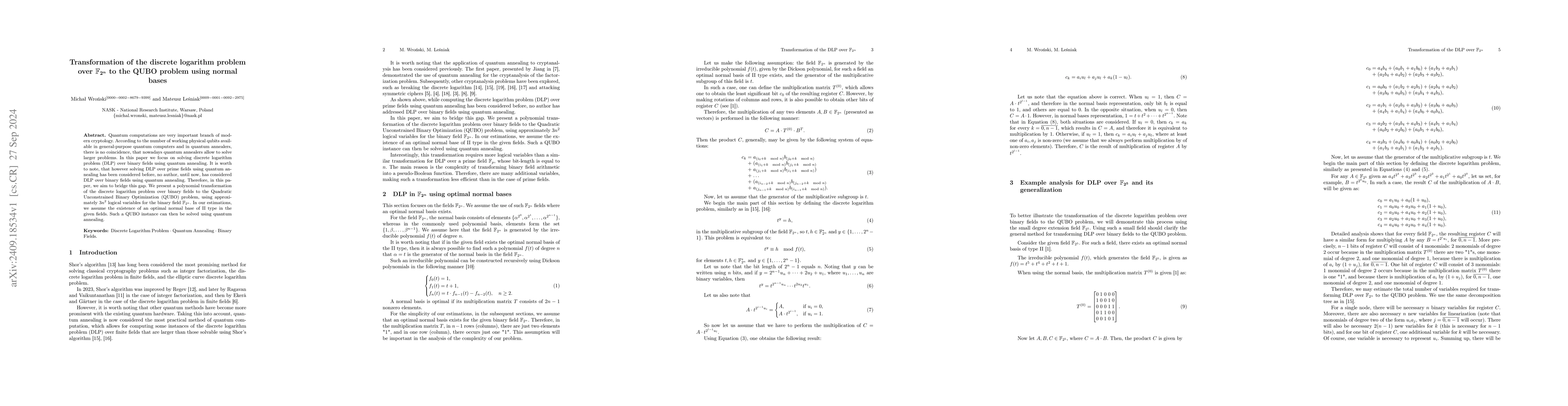 Thumbnail for Transformation of the discrete logarithm problem over $\mathbb F_{2^n}$
  to the QUBO problem using normal bases