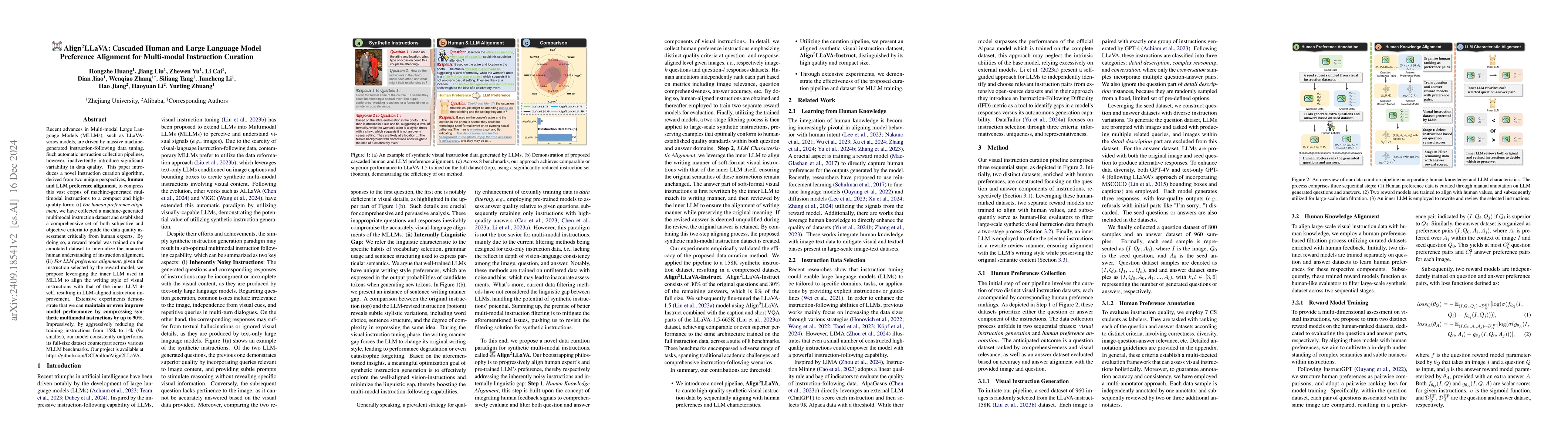 Thumbnail for Align$^2$LLaVA: Cascaded Human and Large Language Model Preference
  Alignment for Multi-modal Instruction Curation