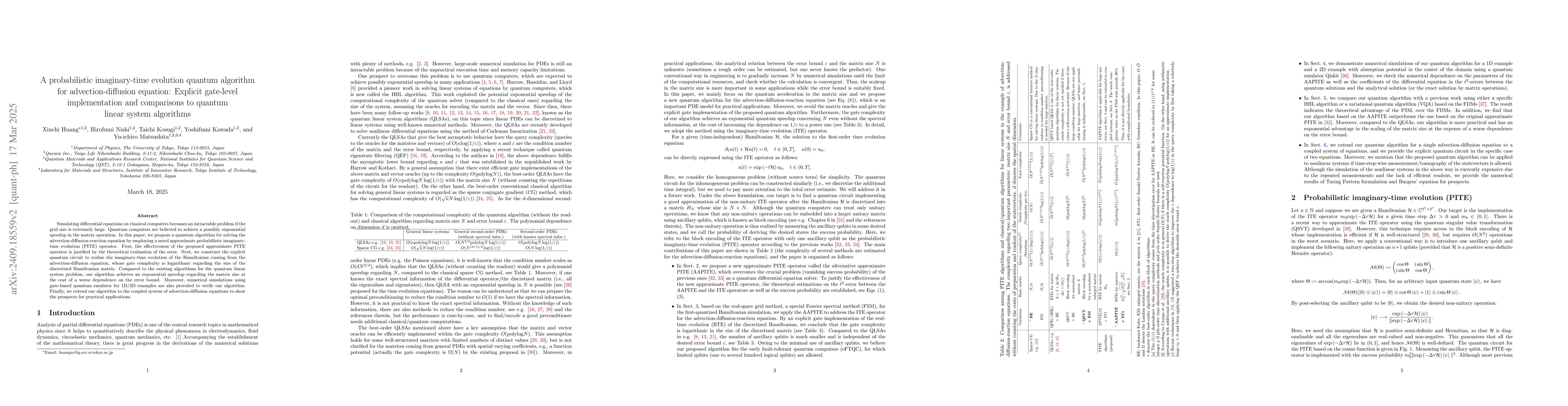 Thumbnail for A probabilistic imaginary-time evolution quantum algorithm for
  advection-diffusion equation: Explicit gate-level implementation and
  comparisons to quantum linear system algorithms