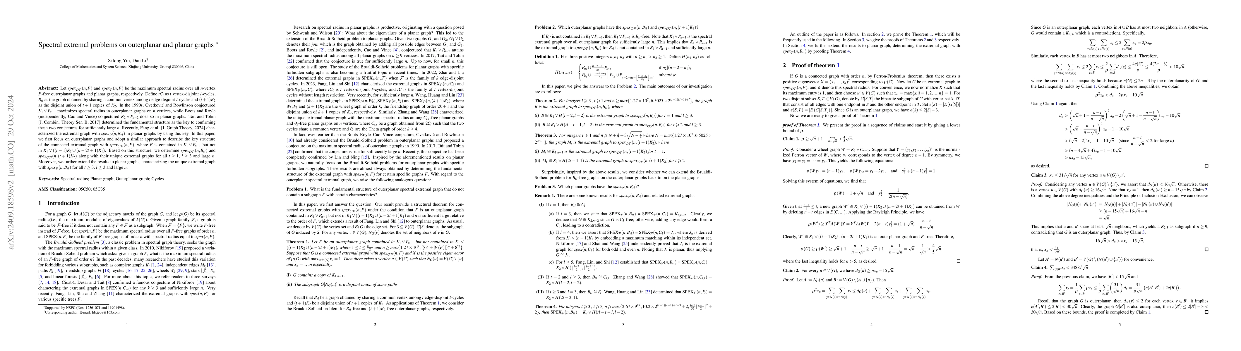 Thumbnail for Spectral extremal problems on outerplanar and planar graphs