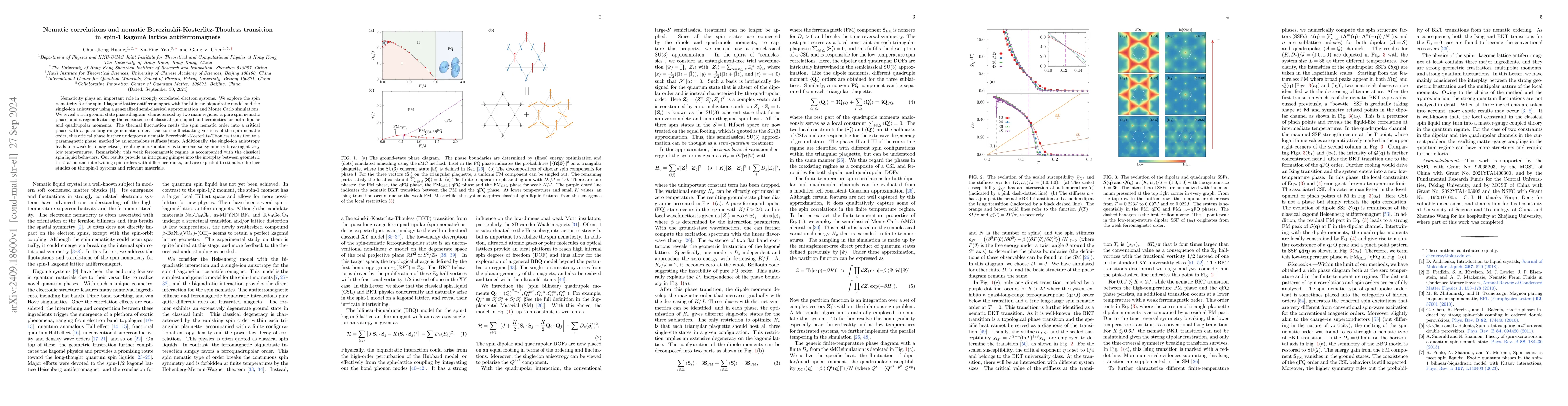 Thumbnail for Nematic correlations and nematic Berezinskii-Kosterlitz-Thouless
  transition in spin-1 kagomé lattice antiferromagnets