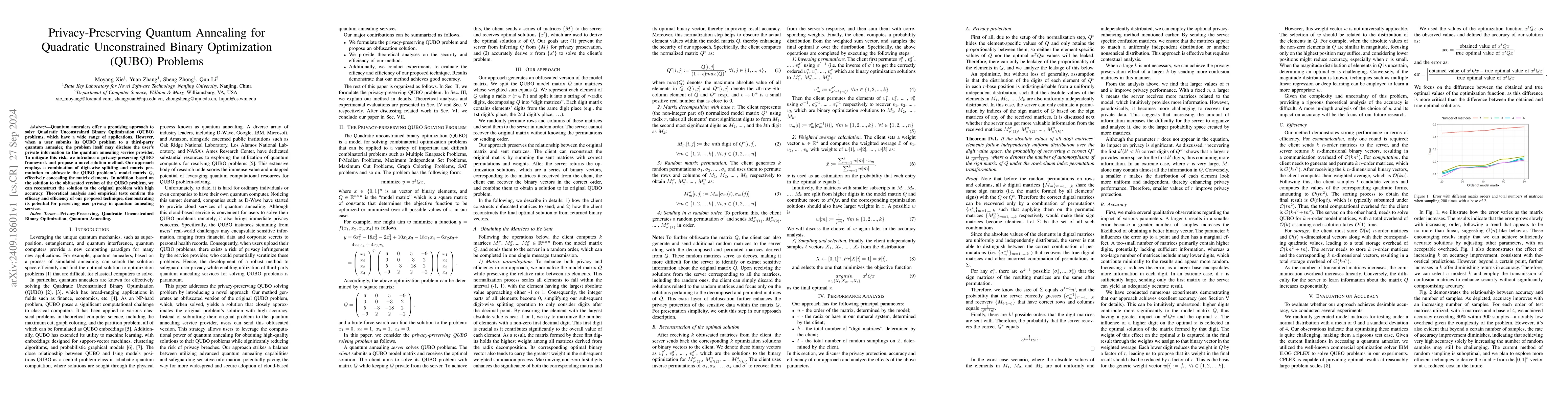 Thumbnail for Privacy-Preserving Quantum Annealing for Quadratic Unconstrained Binary
  Optimization (QUBO) Problems