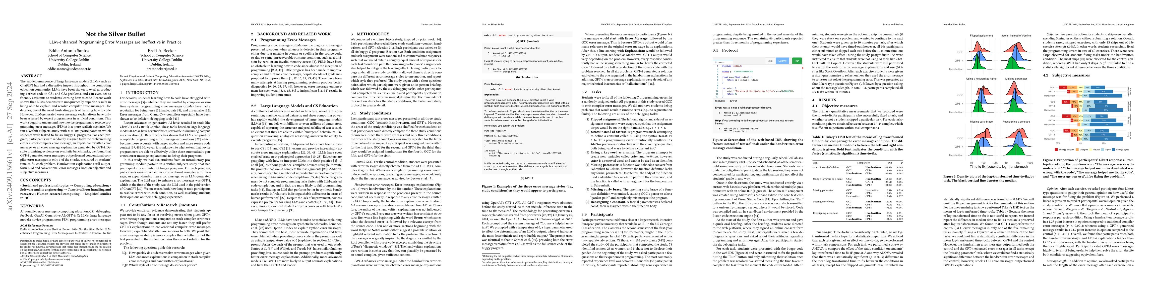 Thumbnail for Not the Silver Bullet: LLM-enhanced Programming Error Messages are
  Ineffective in Practice