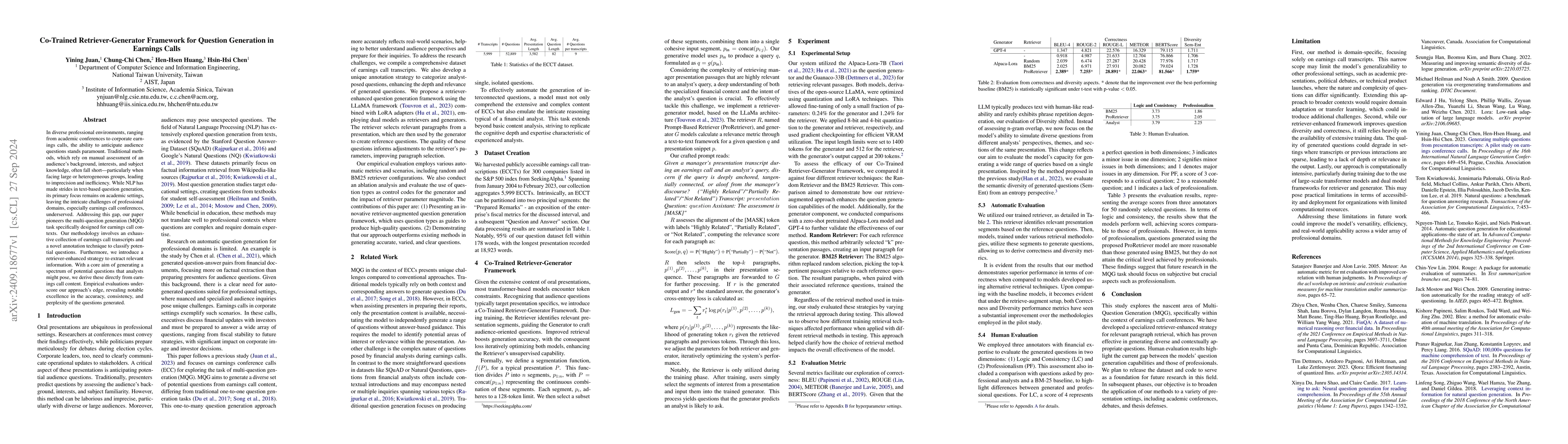 Thumbnail for Co-Trained Retriever-Generator Framework for Question Generation in
  Earnings Calls