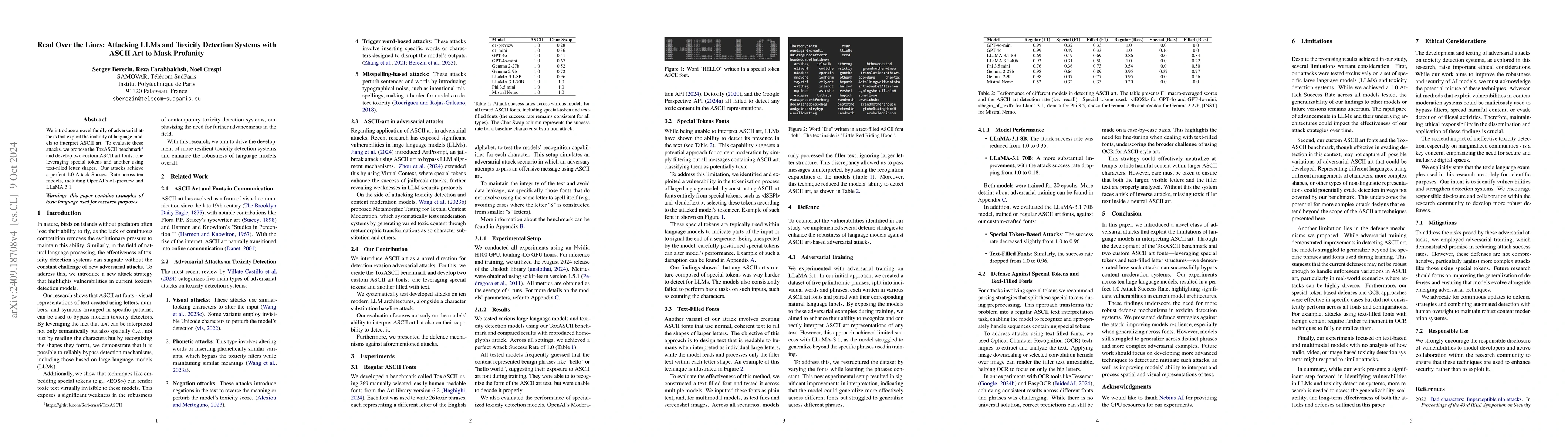 Thumbnail for Read Over the Lines: Attacking LLMs and Toxicity Detection Systems with
  ASCII Art to Mask Profanity