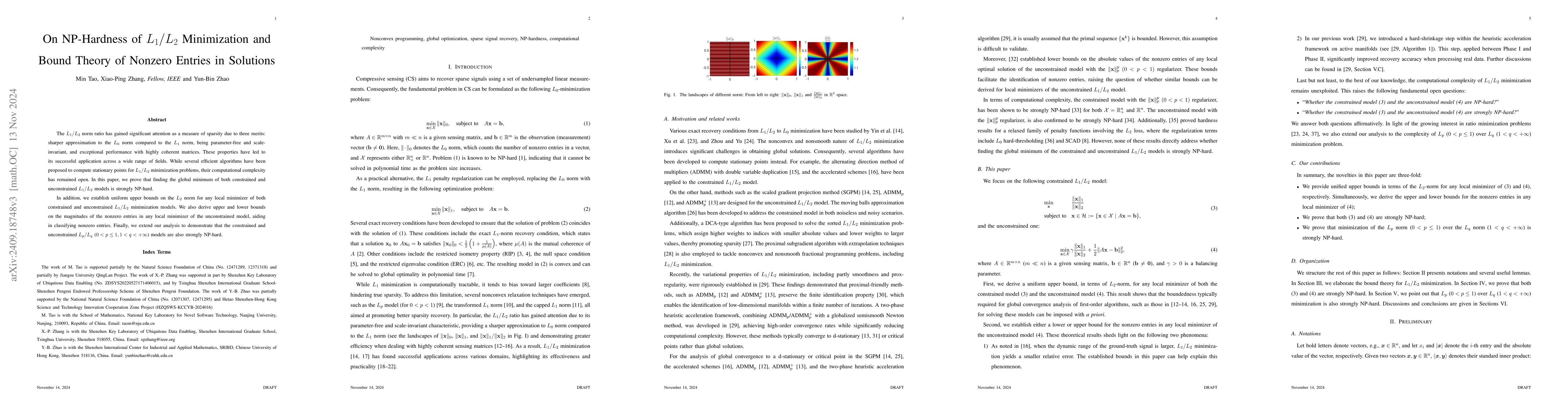 Thumbnail for On NP-Hardness of $L_1/L_2$ Minimization and Bound Theory of Nonzero
  Entries in Solutions