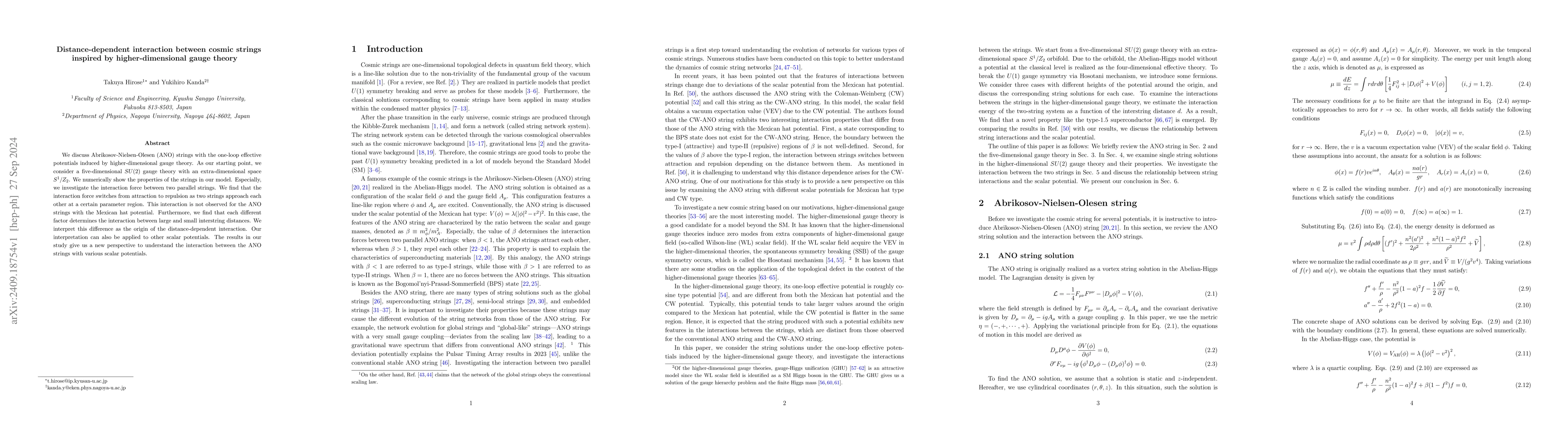 Thumbnail for Distance-dependent interaction between cosmic strings inspired by
  higher-dimensional gauge theory