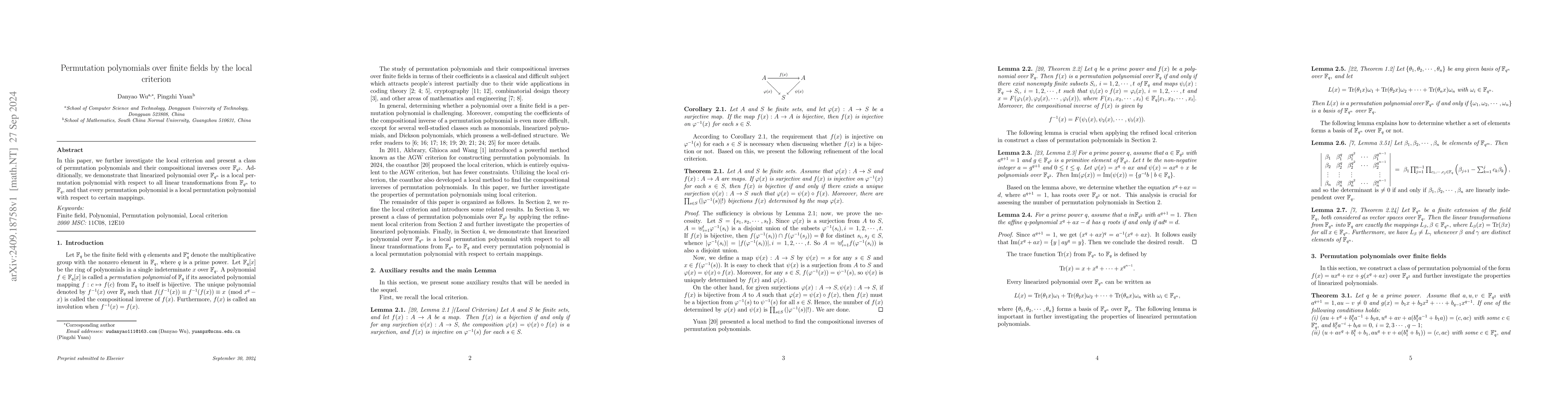 Thumbnail for Permutation polynomials over finite fields by the local criterion
