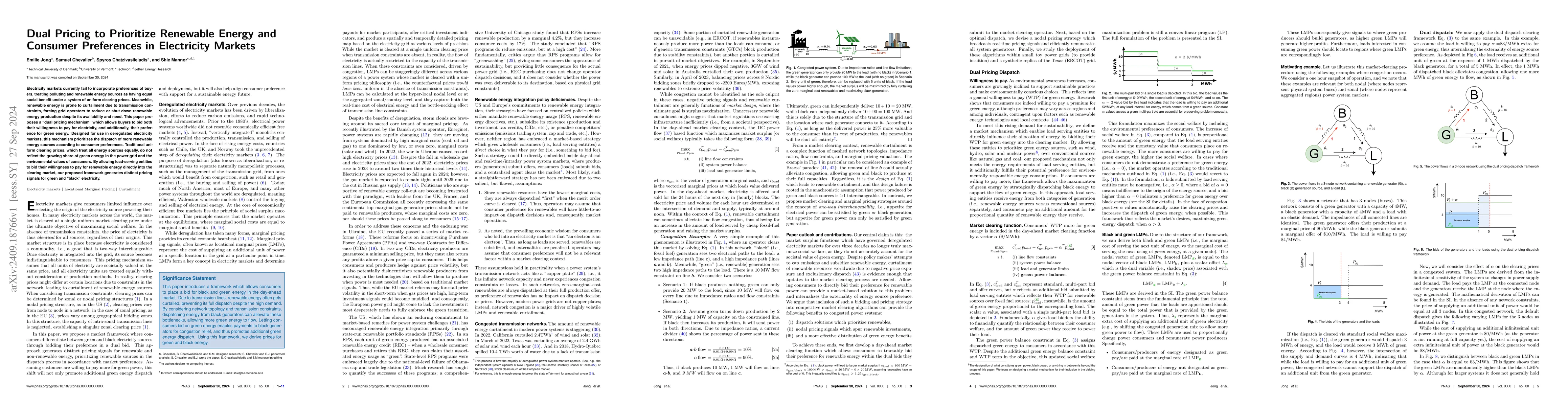 Thumbnail for Dual Pricing to Prioritize Renewable Energy and Consumer Preferences in
  Electricity Markets