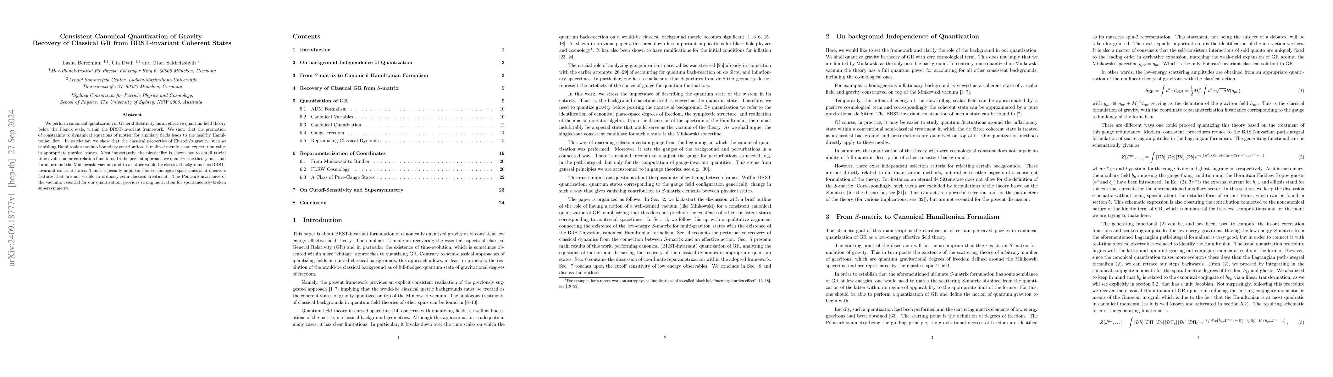 Thumbnail for Consistent Canonical Quantization of Gravity: Recovery of Classical GR
  from BRST-invariant Coherent States