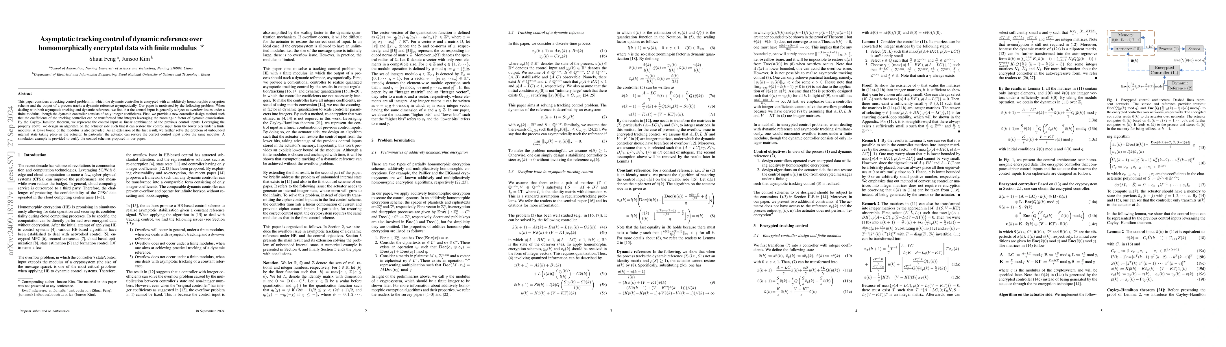 Thumbnail for Asymptotic tracking control of dynamic reference over homomorphically
  encrypted data with finite modulus