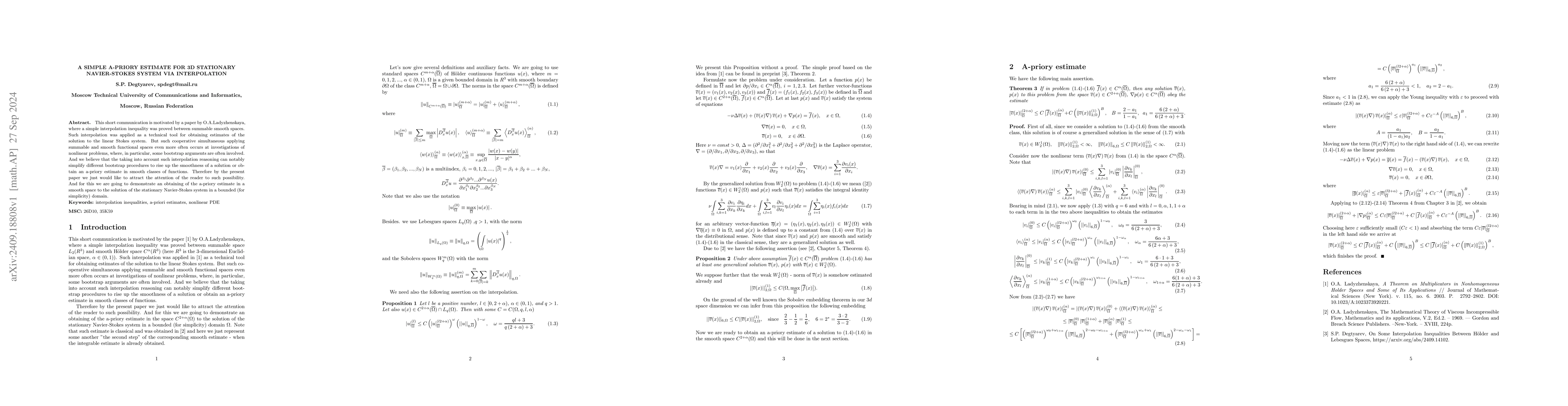 Thumbnail for A Simple A-Priory Estimate for 3D Stationary Navier-Stokes System Via
  Interpolation