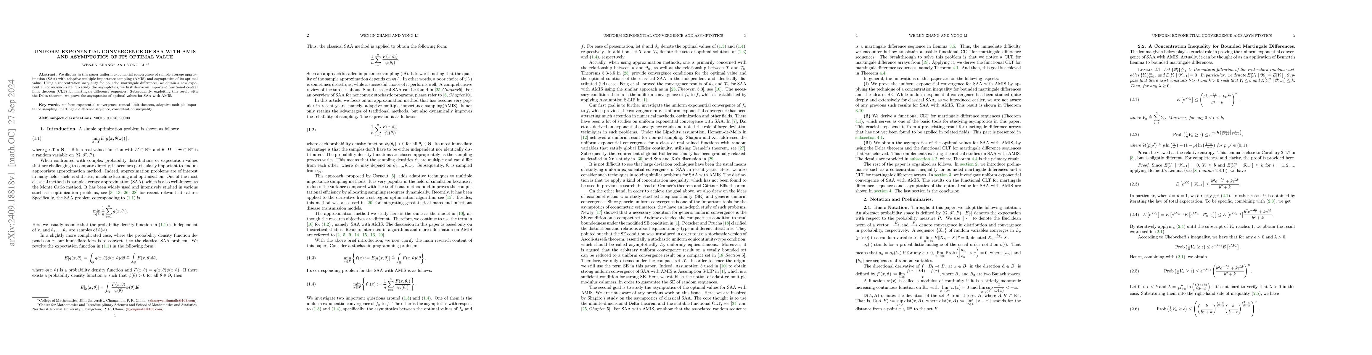 Thumbnail for Uniform exponential convergence of SAA with AMIS and asymptotics of its
  optimal value