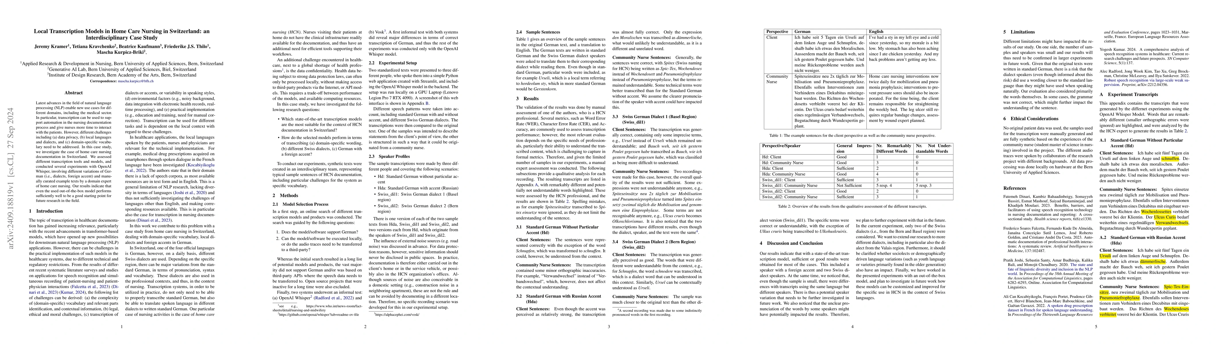 Thumbnail for Local Transcription Models in Home Care Nursing in Switzerland: an
  Interdisciplinary Case Study