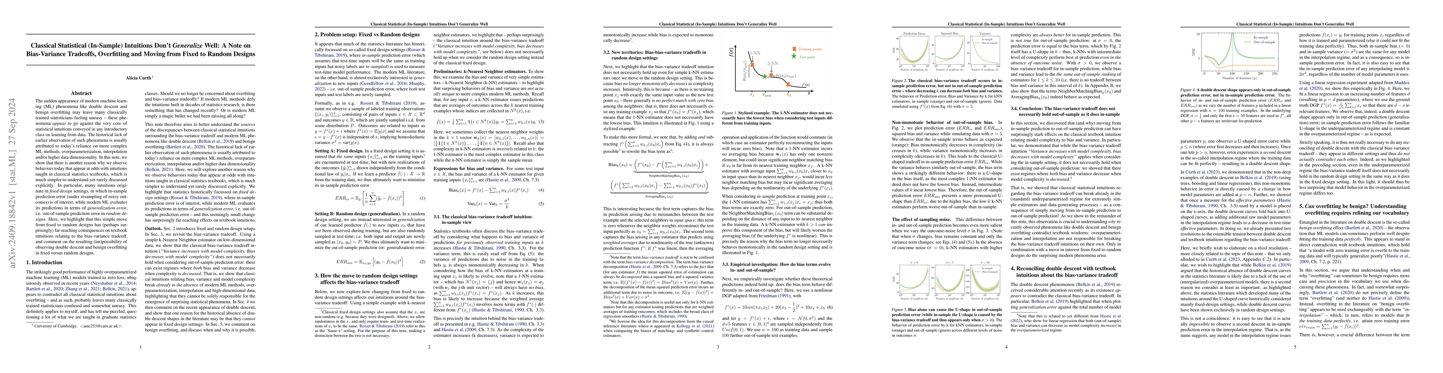 Thumbnail for Classical Statistical (In-Sample) Intuitions Don't Generalize Well: A
  Note on Bias-Variance Tradeoffs, Overfitting and Moving from Fixed to Random
  Designs