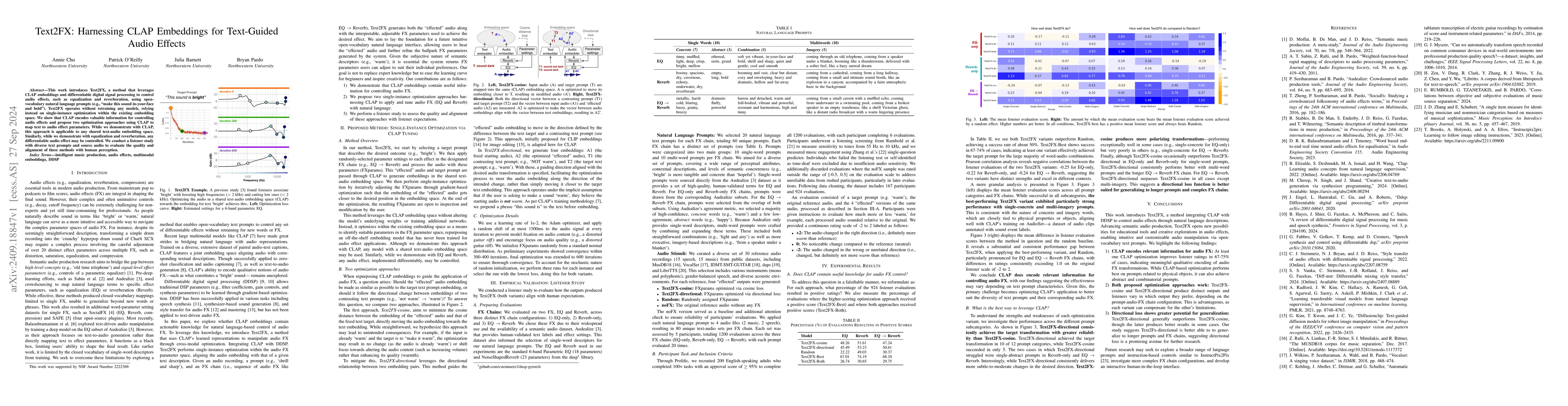 Thumbnail for Text2FX: Harnessing CLAP Embeddings for Text-Guided Audio Effects