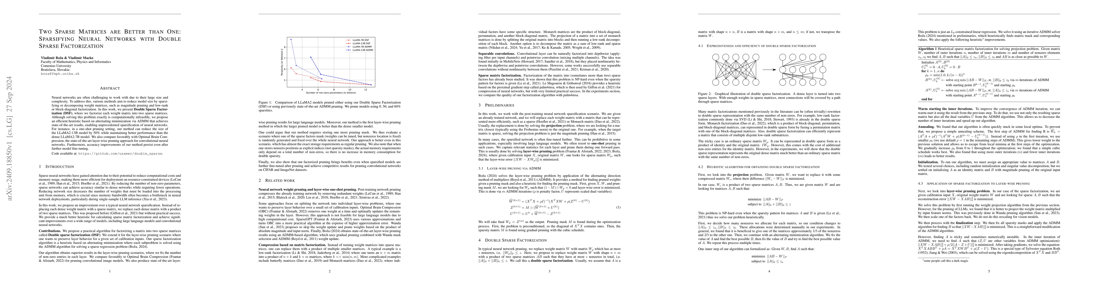 Thumbnail for Two Sparse Matrices are Better than One: Sparsifying Neural Networks
  with Double Sparse Factorization